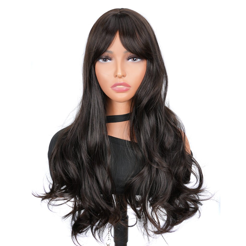 Natural Black Body Wave With Bangs Middle Parting Synthetic Fiber Wigs